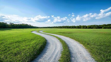 Winding path through lush green fields under a bright blue sky nature’s tranquil beauty and scenic landscapes