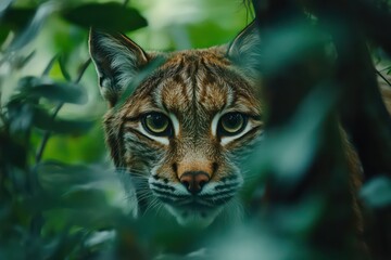 Fototapeta premium Watchful lynx peering through forest undergrowth.