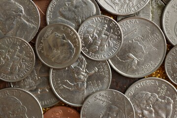 Pile with big amount of silver american cent coins as United States currency