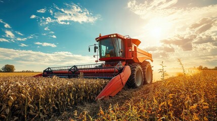 Obraz premium Red Combine Harvester in Soybean Field at Sunset