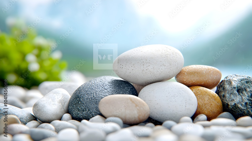 Poster detailed 3d render of a neutral toned pebble texture with soft rounded stones in a calming natural s