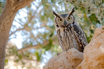 Obraz premium Watchful owl with piercing eyes in its natural habitat. 