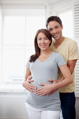 Fototapeta premium Pregnancy, happy couple and portrait in house for marriage, maternity leave or responsibility in home. Nurture, expecting or people with smile or support for motherhood, love or healthy relationship