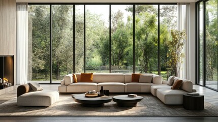 Fototapeta premium Contemporary living room with stylish furniture and large windows, no people, with ample space for text