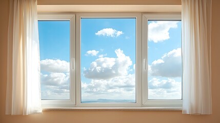 Fototapeta premium A beautiful view through modern windows framing bright blue skies and fluffy white clouds for inspirational ambiance
