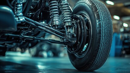 Fototapeta premium Car Suspension with Detailed Wheel View