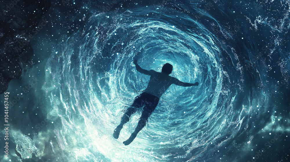 Poster swimmer diving into a pool of water that transforms into a galaxy, ripples turning into constellatio