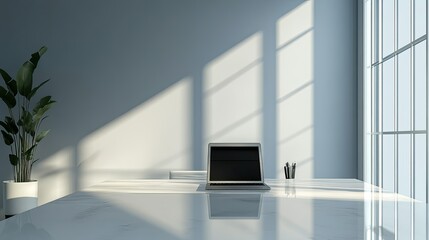 Contemporary workspace with clean desk and laptop, no people, with room for copy text