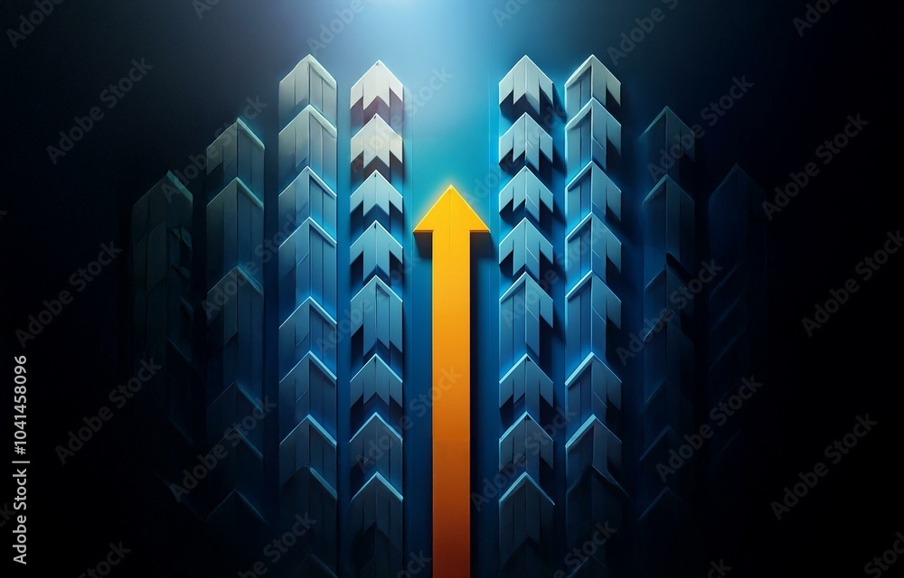 Poster a single yellow arrow pointing upwards is surrounded by a field of blue arrows pointing upwards.