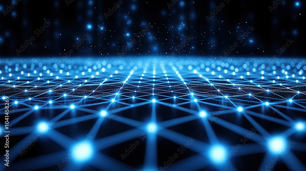 Poster abstract digital network with glowing nodes and lines.