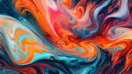 Obraz premium Immersive Abstract Fluid Art Featuring a Beautifully Chaotic Mix of Swirling Colors, Blending Fiery Reds, Cool Blues, and Bright Oranges into a Stunn (15)