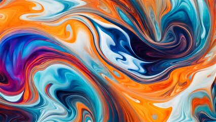 Obraz premium Immersive Abstract Fluid Art Featuring a Beautifully Chaotic Mix of Swirling Colors, Blending Fiery Reds, Cool Blues, and Bright Oranges into a Stunn (17)