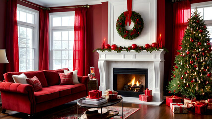 Red ornaments, a star topper, presents, gifts, a white fireplace, a mantel, garland, little trees, red bows, white walls, a festive mood, a pleasant interior, exquisite holiday decor, warm lighting