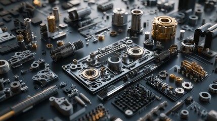 Array of Mechanical Parts and Components Precisely Arranged for Industrial Design
