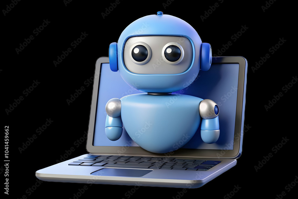 Poster ai chatbot emerging from laptop screen on plain background for online customer support integration i