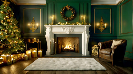 Luxurious Christmas interior with dark green paneled walls, elaborate gold trim, star-topped Christmas tree decorated with gold ornaments, a crackling fireplace