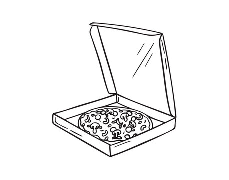 Hand drawn doodle box of pizza. Sketch Open pizza box. Drawing Pizza in cardboard box. Delivery vintage element.