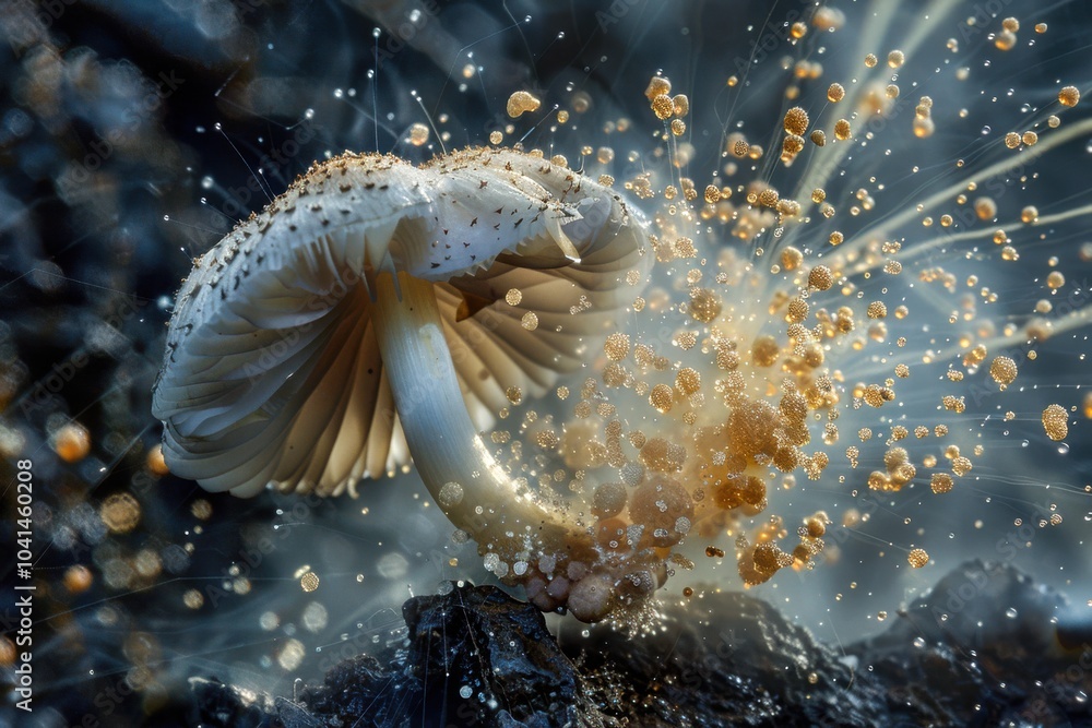 Poster spore capsule: a detailed image of a spore capsule bursting open to release spores, demonstrating th