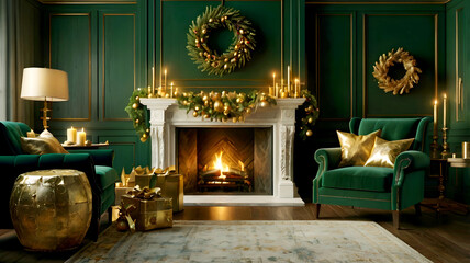 Luxurious Christmas interior with dark green paneled walls, elaborate gold trim, star-topped Christmas tree decorated with gold ornaments, a crackling fireplace