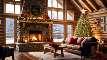 Warm, cozy log cabin interior; decorated Christmas tree with red ornaments and twinkling lights; wooden table in front; hanging stockings for Christmas; rustic stone fireplace; golden glow; pine wood 