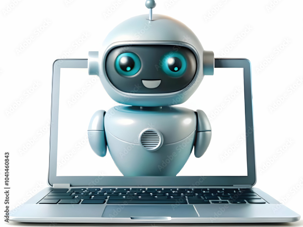 Poster ai chatbot emerging from laptop screen on plain background for online customer support integration w