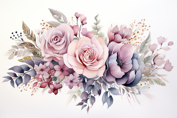 A delicate watercolor bouquet blooms in muted tones, watercolor illustration, watercolor floral painting, floral bouquet