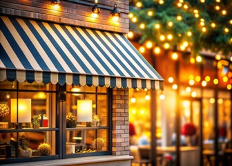 Storefront with Striped Awning and Letter T for Shopping Concept, Bokeh Effect Background, Retail Display, Modern Shopping Experience, Eye-catching Design