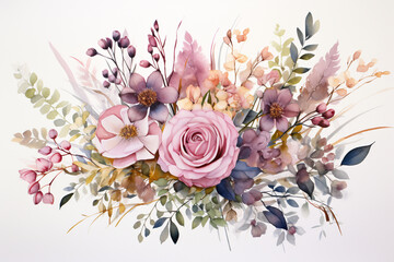 A watercolor flower bouquet with delicate roses and wildflowers in dusty pink, cream, and blue, watercolor floral illustration, floral bouquet