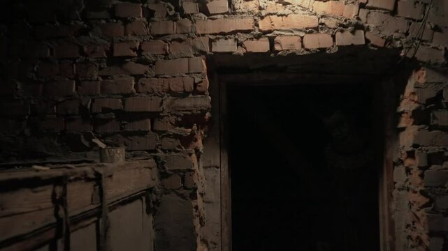 Crazy creepy killer man dressed as clown with makeup at attic in ruined house, smiles walks through doorway. Halloween thriller concept.