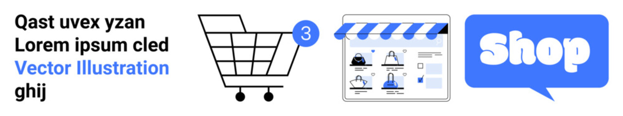 Shopping cart with three items, digital storefront interface, and a bubble with the word Shop. Ideal for e-commerce, online shopping, digital marketplaces, retail, and internet business. Landing page