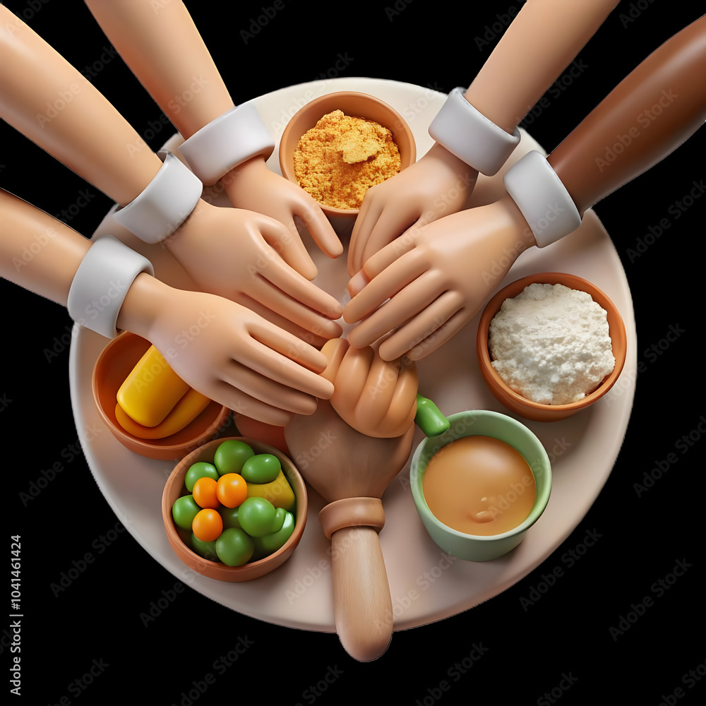 Poster macro shot of hands from different generations preparing food on kitchen counter - symbol of unity, 