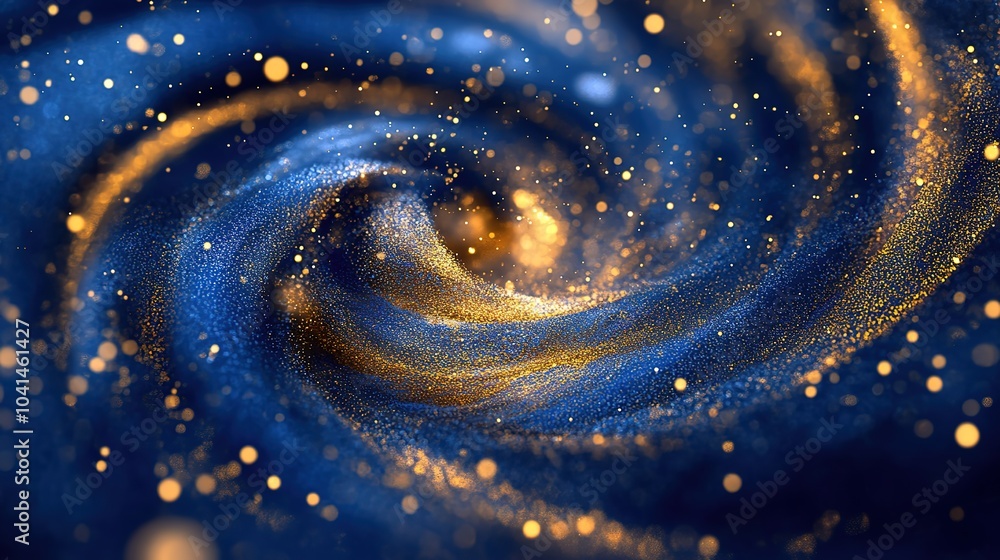Poster blue and gold particle vortex with dynamic swirl and wind blowing effect in motion for artistic back