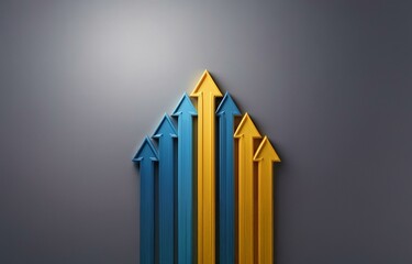 A set of blue and yellow arrows point upwards against a grey background.
