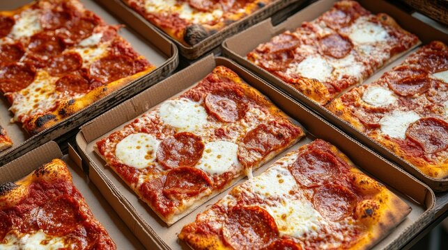 Freshly baked festival pizza slices on wooden trays, top view, copy space, no people