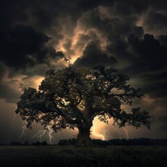A powerful oak tree standing tall in the middle of a storm
