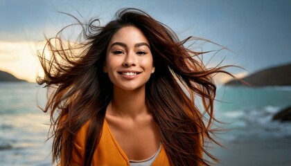 Naklejka premium A smiling lady with wind-blown hair, enjoying the moment.