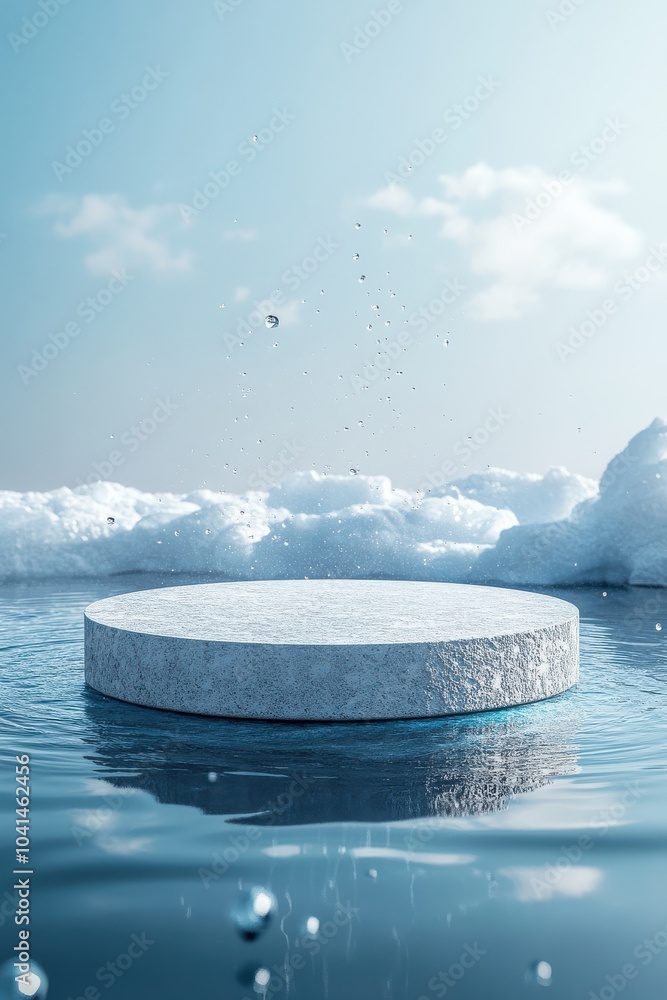 Poster minimalist stage design featuring a podium floating on calm water with splashing droplets