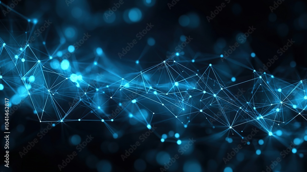 Poster abstract blue glowing lines and dots forming a network, creating a digital backdrop.