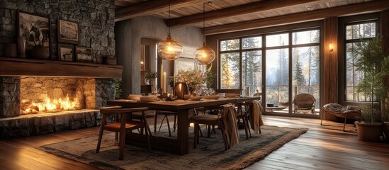 Cozy wooden dining room with fireplace, large windows, and rustic decor.