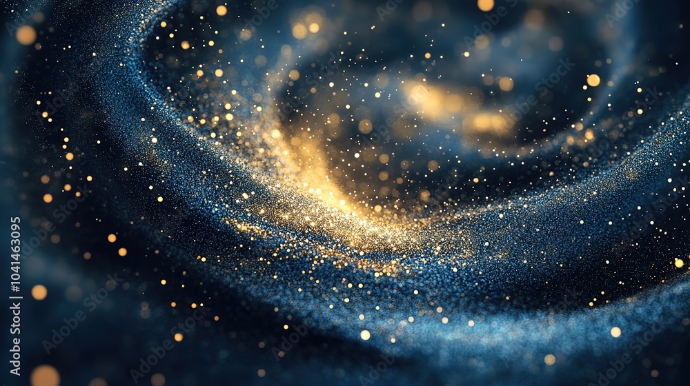 Poster blue and gold particle vortex with dynamic swirl and wind blowing effect in motion for artistic back
