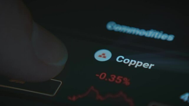 Commodities prices on stock exchange for Gold, Silver, Copper, Natural Gas and other, scrolling the list on smartphone