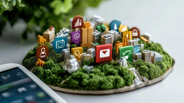 vibrant miniature cityscape featuring colorful icons representing various digital services and communication tools, surrounded by greenery, symbolizing connectivity and technology