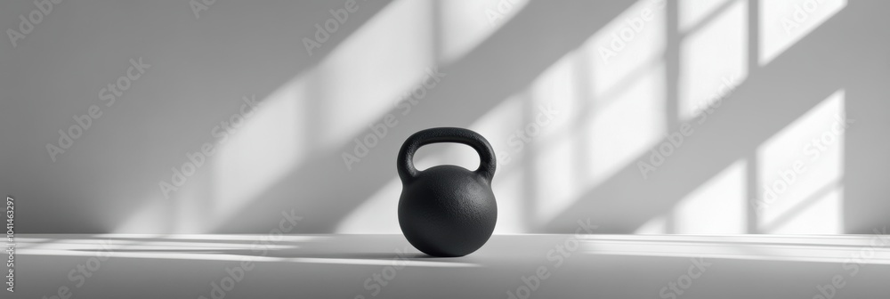 Aufkleber a black kettlebell sits on a clean surface, casting shadows from bright daylight, emphasizing its sl