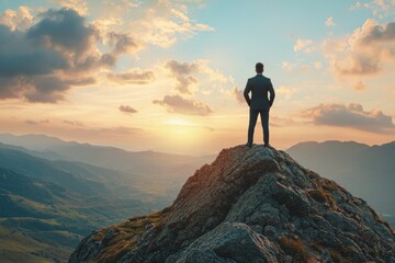 Fototapeta premium A businessman in a suit standing on top of a mountain peak, overlooking a beautiful landscape at sunrise or sunset, symbolizing the concept of success and achievement. 