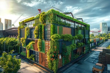 Fototapeta premium Sustainable shipping facility with green walls on containers, renewable energy sources, and eco-friendly packaging materials for environmentally conscious shipping 