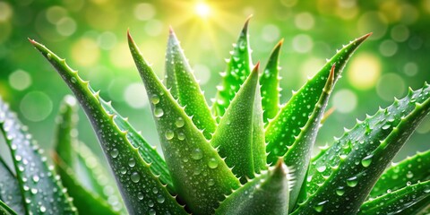Fototapeta premium Stunning Aloe Vera Leaves with Water Drops in Bokeh Effect - Nature's Beauty, Freshness, Plant, Close-up, Greenery, Organic 