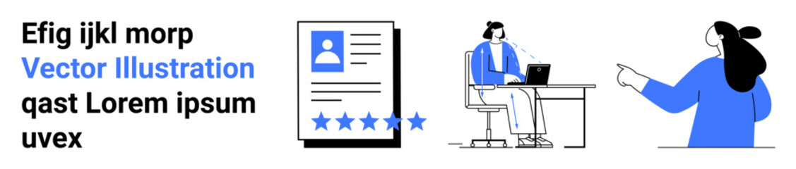 Two people working in an office space with a user profile on a screen and collaborative discussion. Ideal for business, technology, teamwork, user interface design, human resources. Landing page