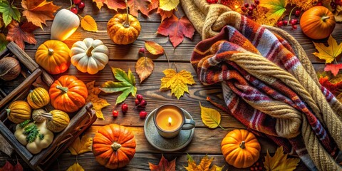 Embrace Cozy Autumn Vibes with Warm Colors, Decorative Elements, and Natural Textures for a Rustic Fall Atmosphere in Captivating Candid Photography