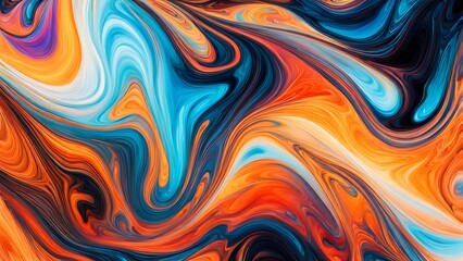 Obraz premium Immersive Abstract Fluid Art Featuring a Beautifully Chaotic Mix of Swirling Colors, Blending Fiery Reds, Cool Blues, and Bright Oranges into a Stunn (56)