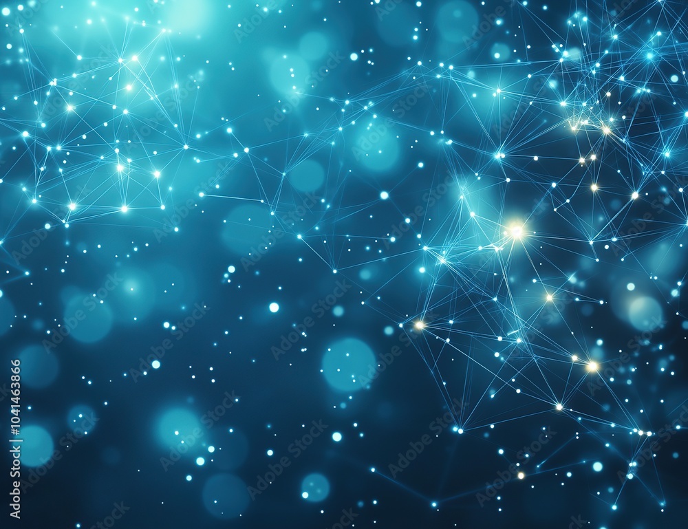 Poster abstract blue background with glowing dots and lines forming a network.